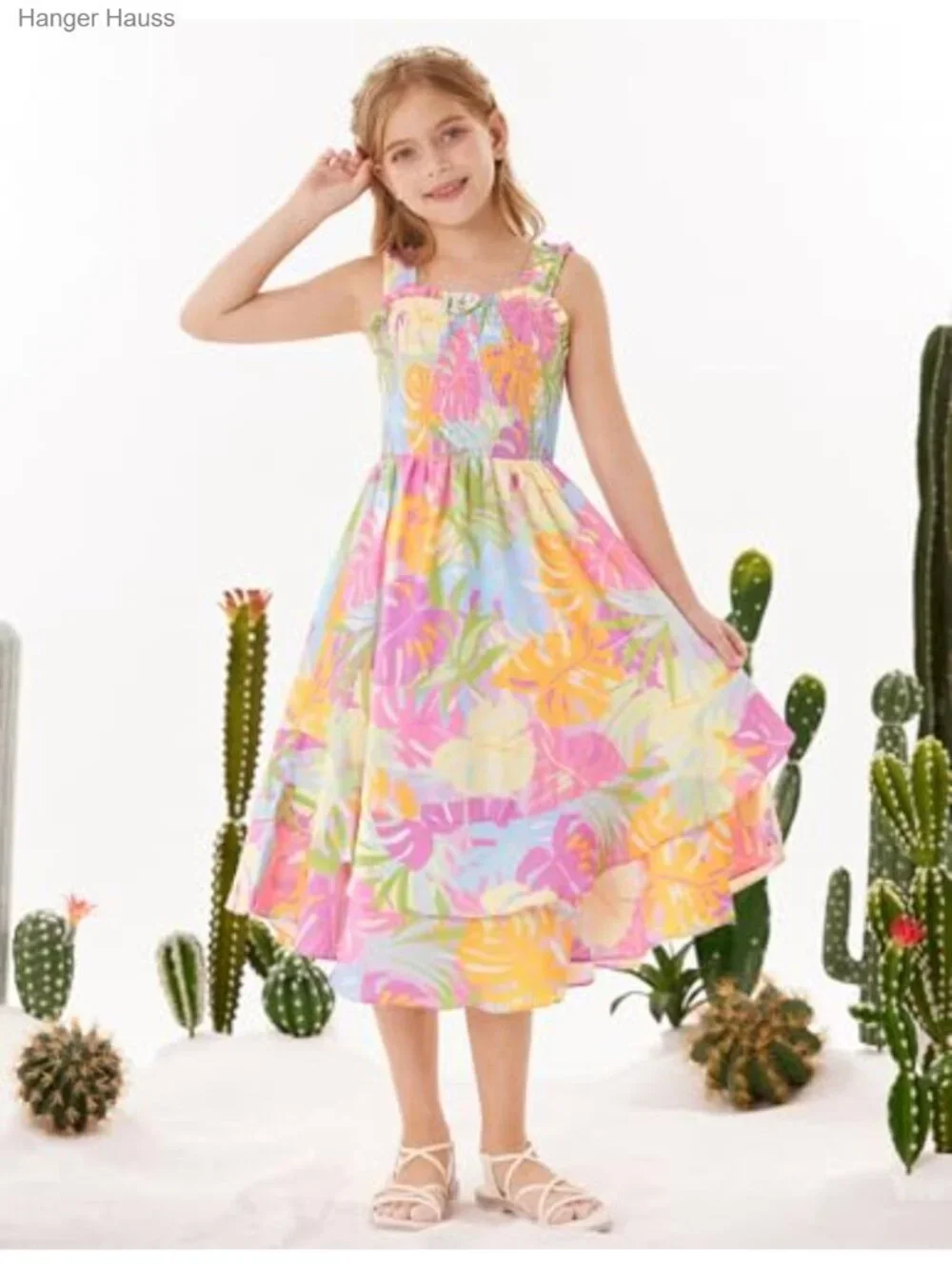 Girls Tropical Ruffle Maxi Dress Smocked Sleeveless Casual